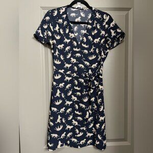 J Crew Factory Leopard Cheetah Wrap Dress Navy Blue Like New